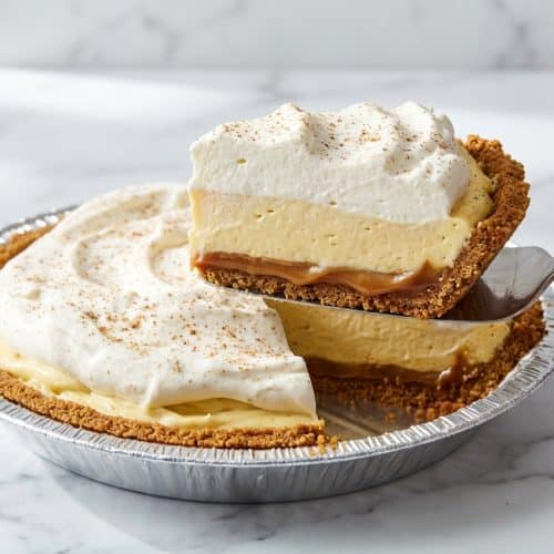 Creamy eggnog pie slice with a brown butter gingersnap crust and hidden salted caramel base layer.