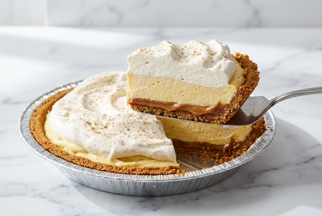 Creamy eggnog pie slice with a brown butter gingersnap crust and hidden salted caramel base layer.