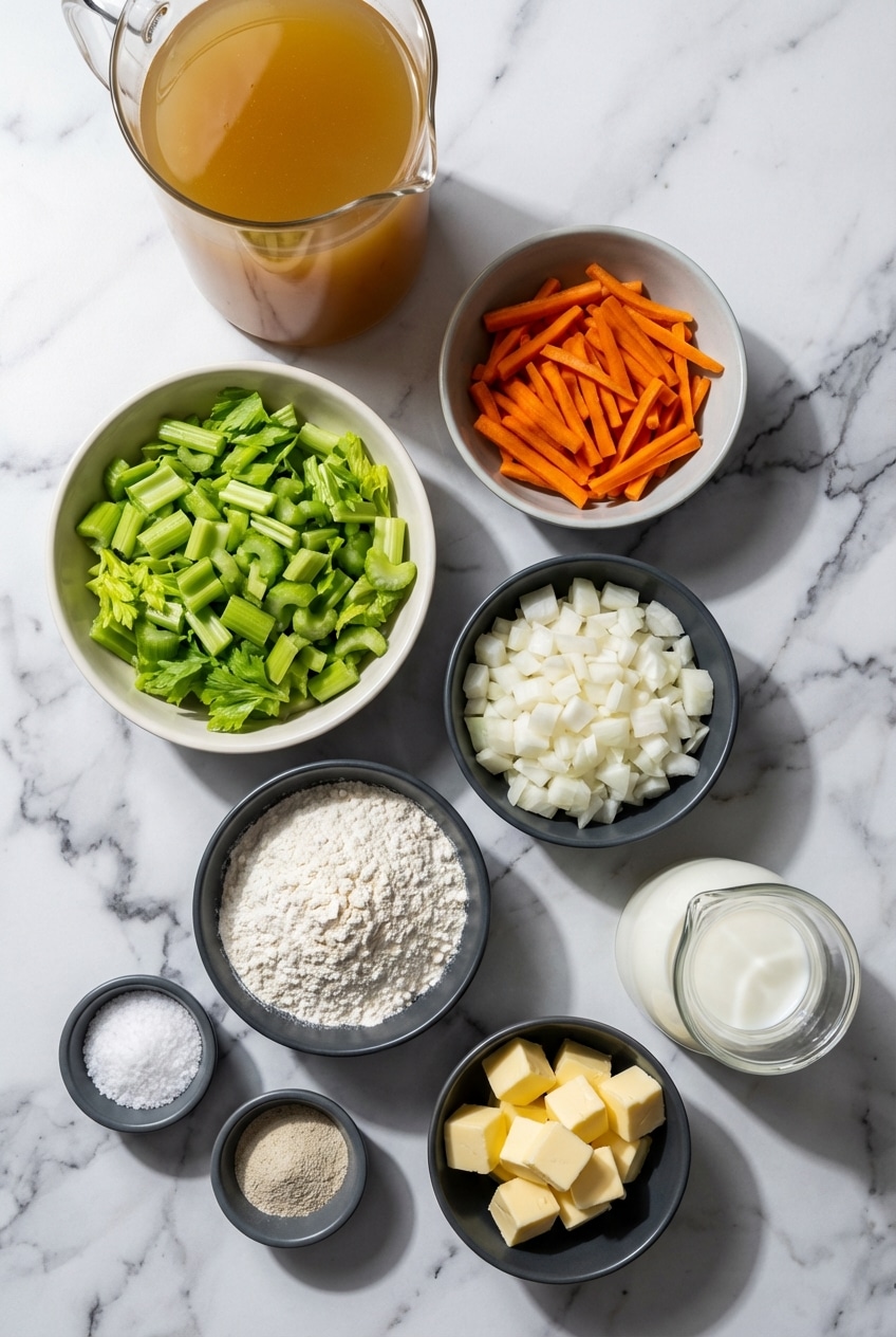 Raw ingredients for cream of celery soup featuring chicken bone broth, aromatics, and fresh celery on a countertop.