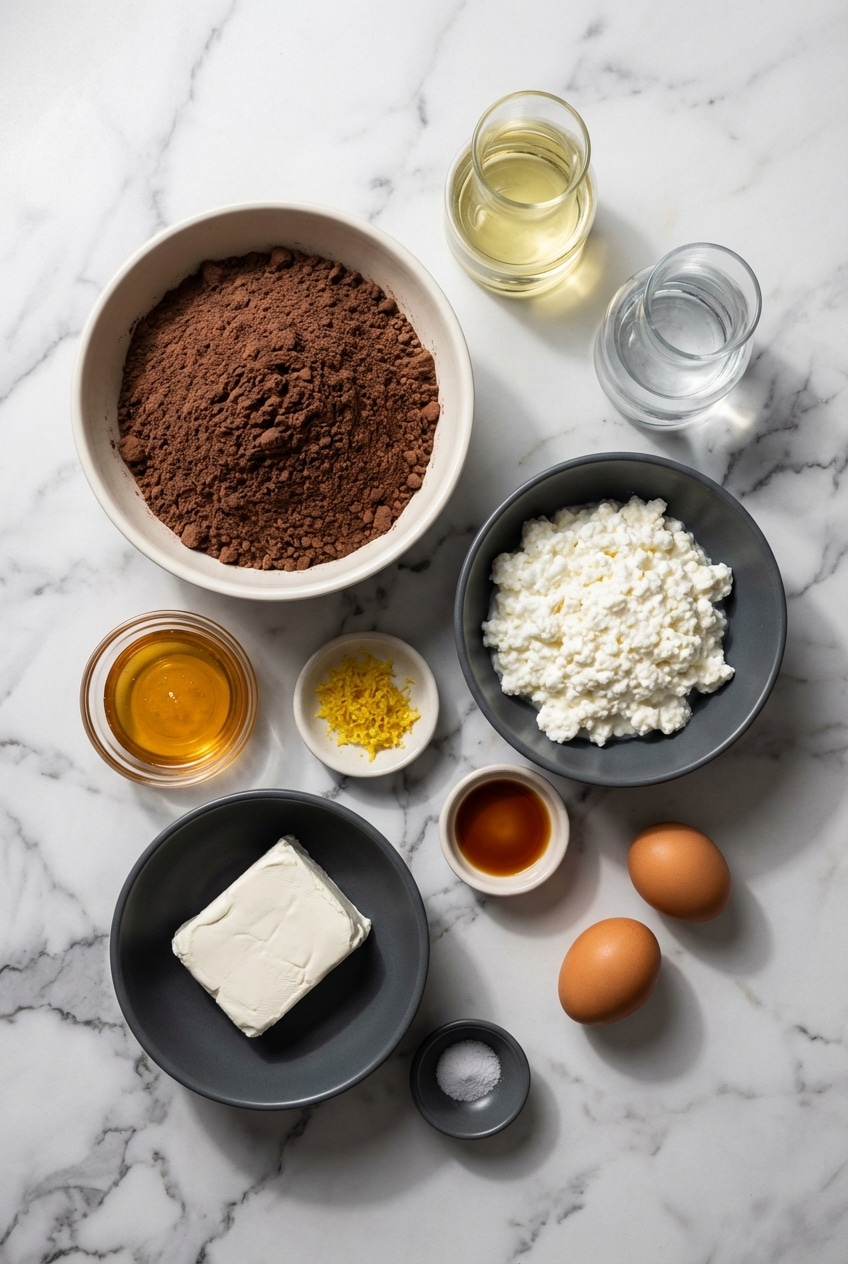 Flat lay of ingredients for blintz brownie bites including cottage cheese, cream cheese, and fudgy brownie mix.