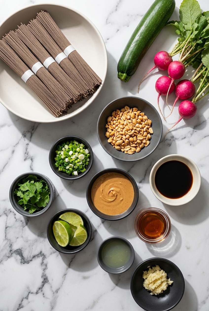 Raw ingredients for cold noodle salad including soba noodles, sesame oil, and creamy peanut butter on a flat surface.