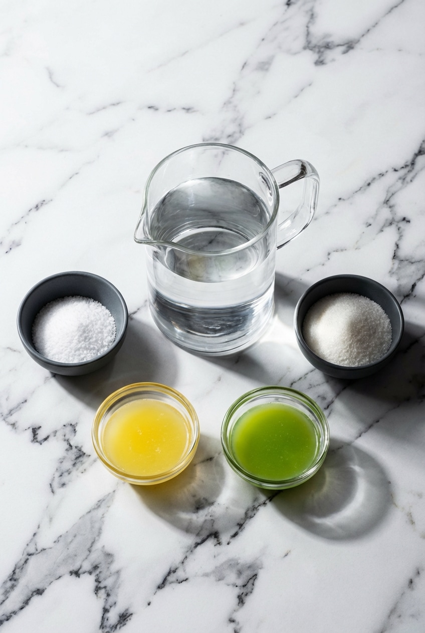 Flat lay of homemade gatorade ingredients including coconut water, Himalayan pink salt, and blue spirulina.