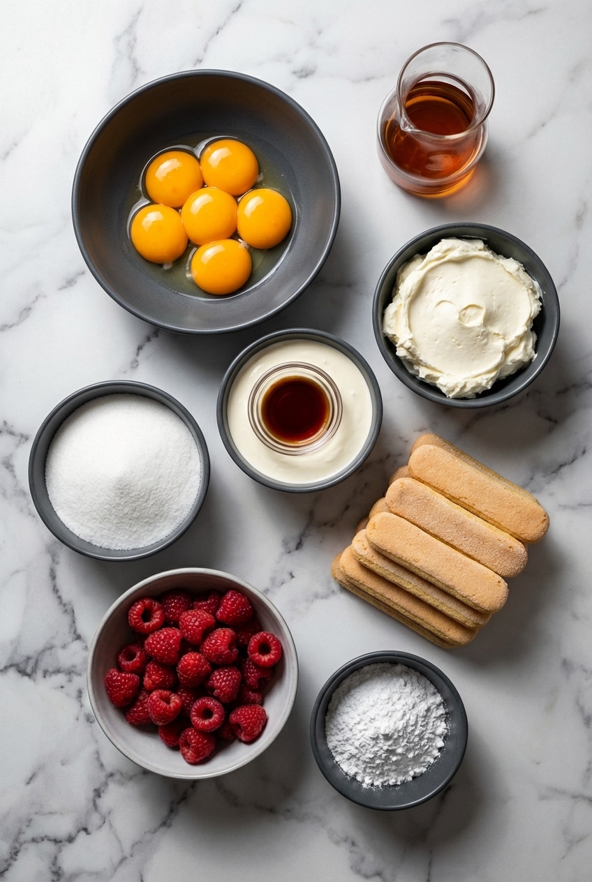 Overhead view of raspberry tiramisu ingredients including Savoiardi ladyfingers, Mascarpone cheese, and Chambord liqueur.