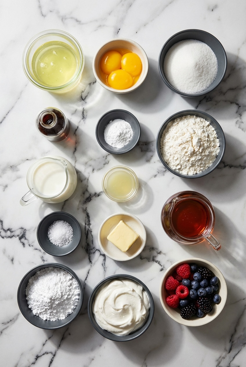 Flat lay of Japanese Soufflé Pancakes ingredients including cake flour, cream of tartar, and toasted milk solids.