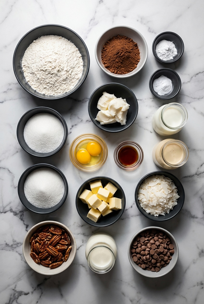 Ingredients for german chocolate whoopie pies including shredded coconut, pecan halves, and German's Sweet Chocolate.