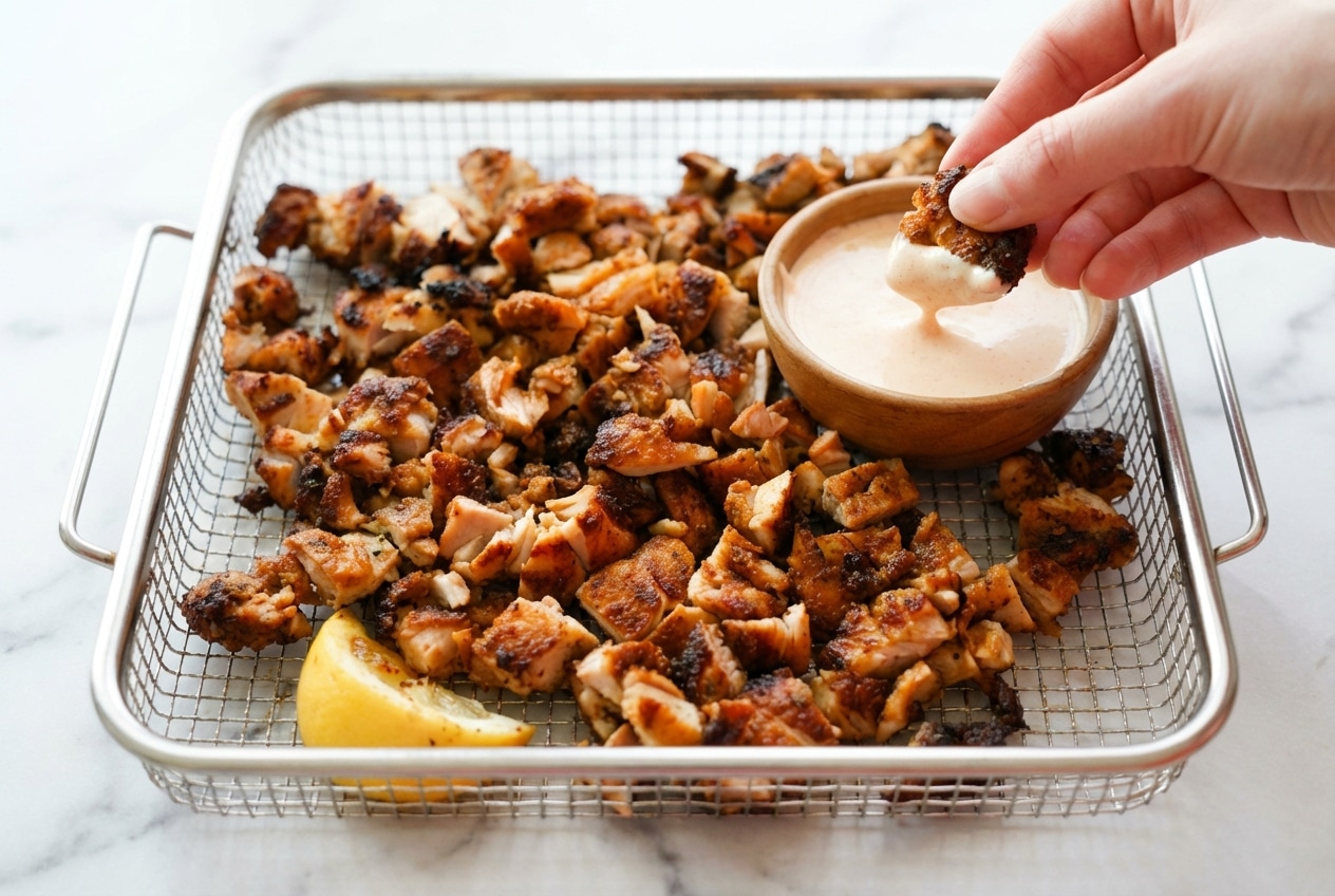 Crispy air fryer chicken thighs dusted with a baking powder dry rub and cooked to a tender 175 degrees.