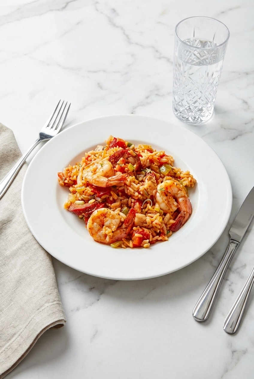 Top-down view of a steaming jambalaya recipe garnished with fresh herbs, ready for family-style serving.