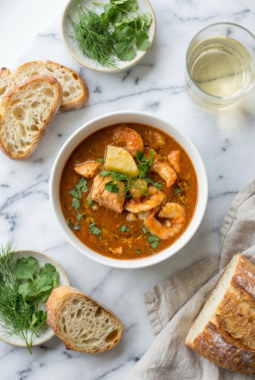 Close up of slow cooker seafood stew garnished with herbs de provence and fresh fennel fronds.