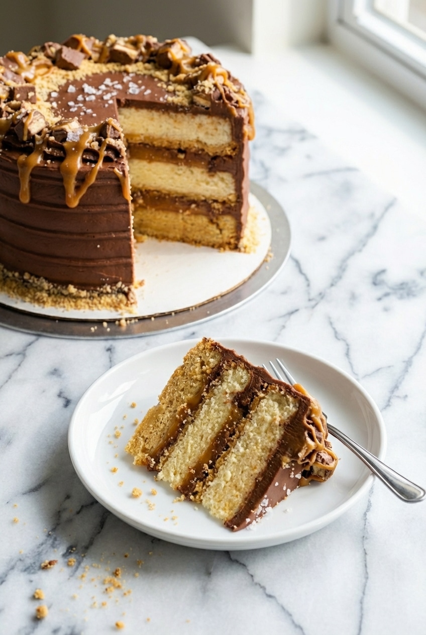 Using an offset spatula to spread smooth chocolate over the top of a twix cake.