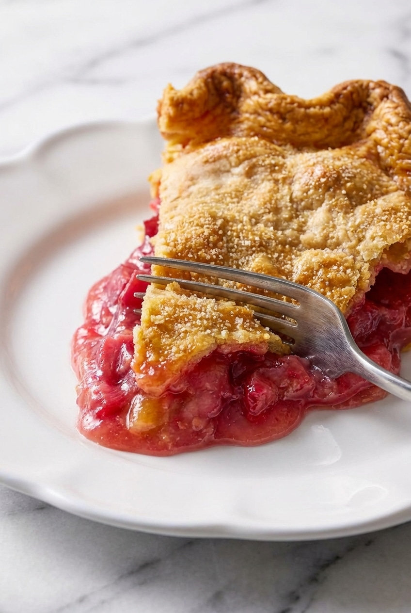 Close-up of a flaky rhubarb pie slice showing the firm double-crust and juicy fruit filling.