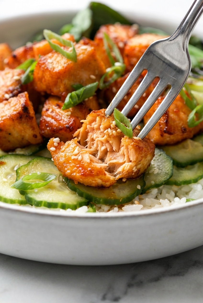 Close-up of flaky salmon bites showing a tender interior and a crisp, seasoned crust.
