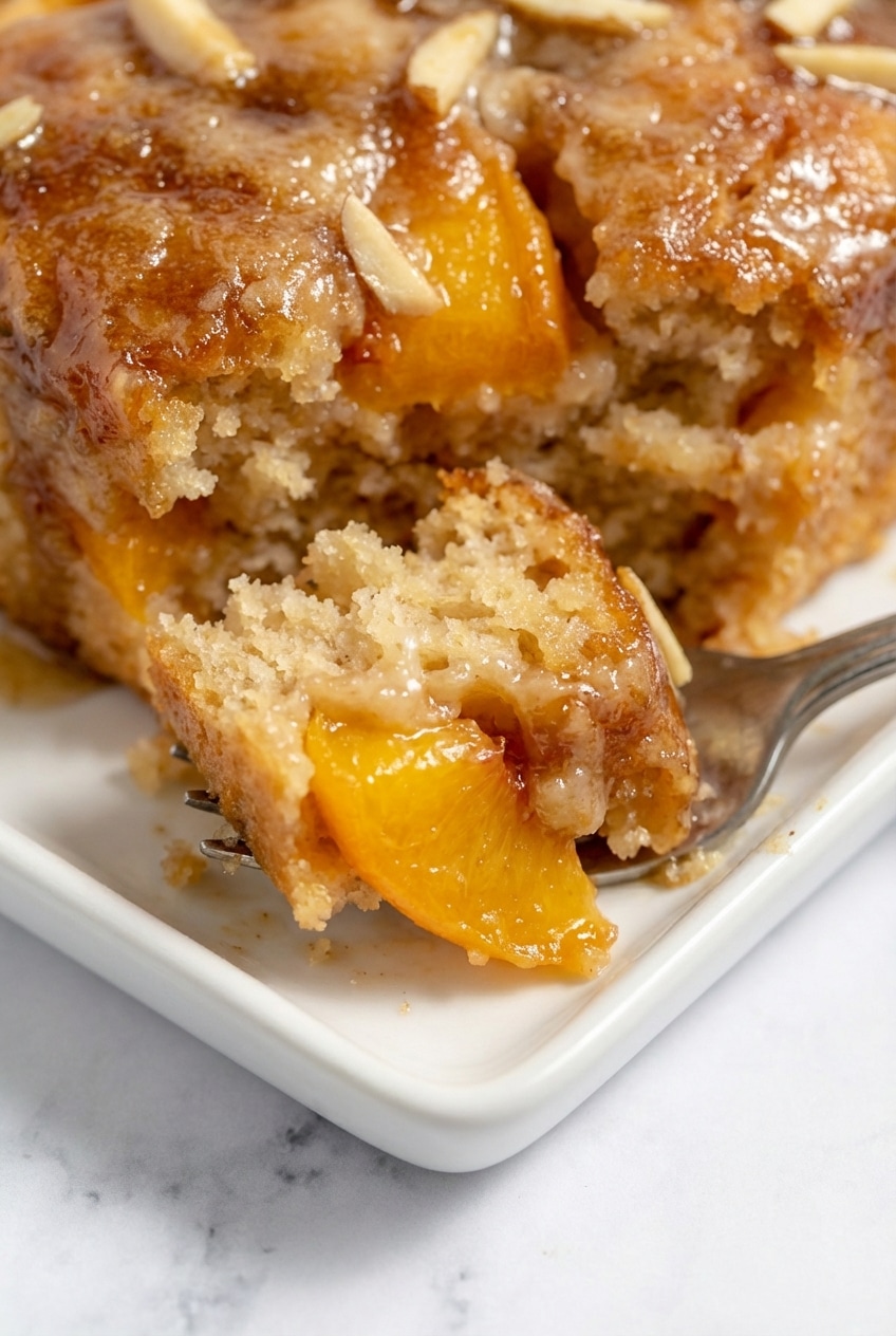 A close-up slice of brown sugar peach cake highlighting the tender crumb and juicy fruit layers.