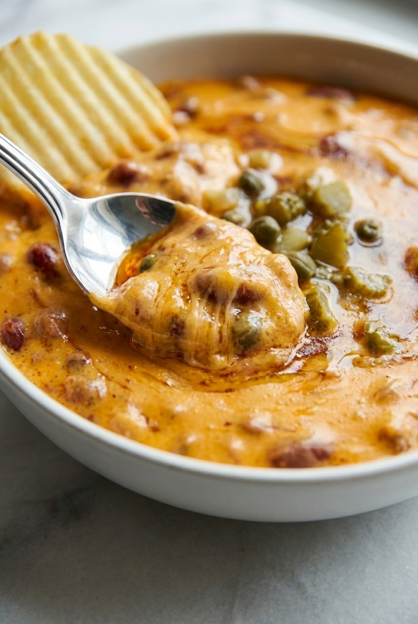 A close-up of smooth chili cheese dip being stirred to show a glossy, perfectly emulsified texture.