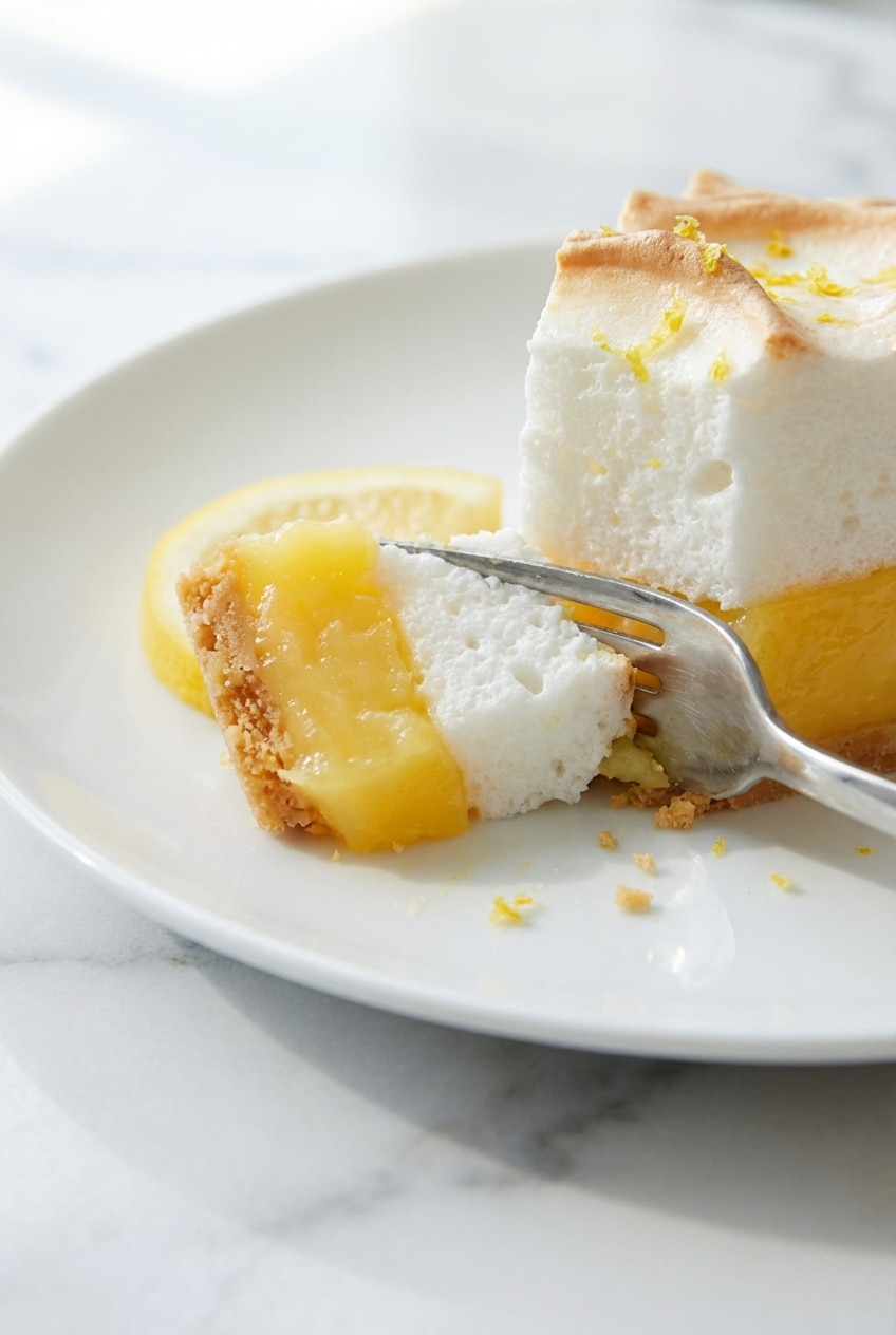Close-up of glossy lemon meringue pie peaks showing the effects of the cornstarch-slurry stabilizer.