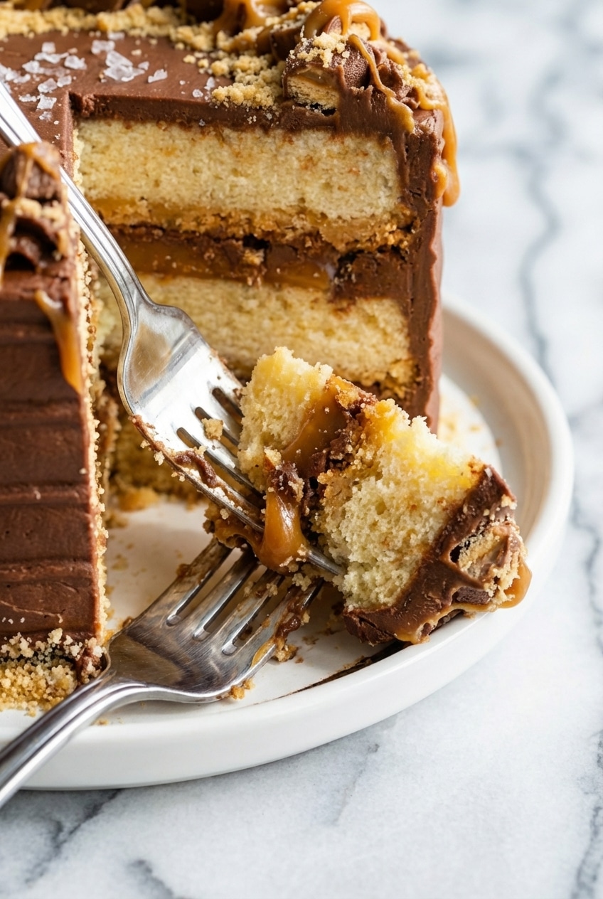 A perfectly sliced twix cake showing a clean crumb coat and distinct caramel layers.