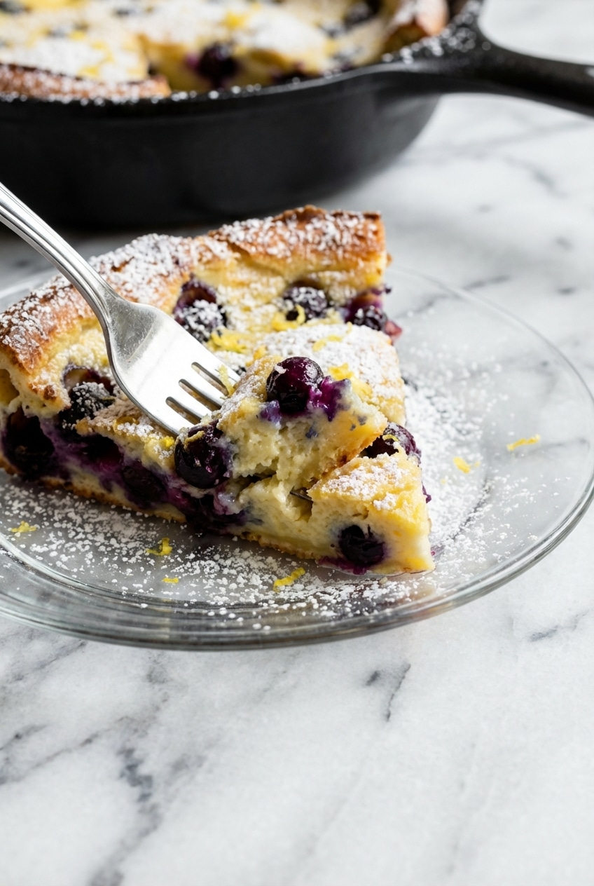 Close up of the tall, golden edges and custardy center of a perfectly baked blueberry lemon dutch baby.