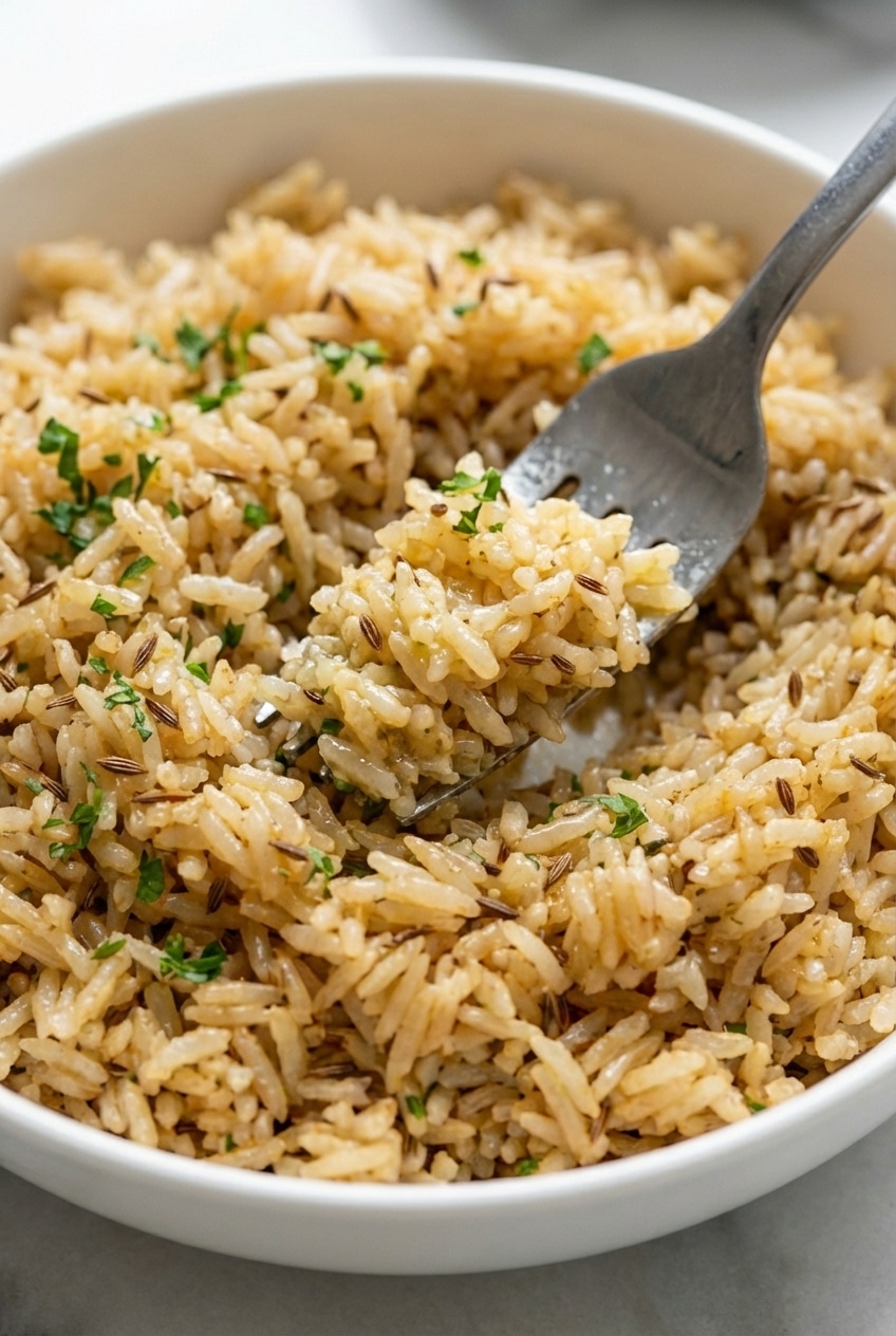 Steam resting Garlic Butter Rice showing perfectly separated, fluffy grains and fresh parsley garnish.