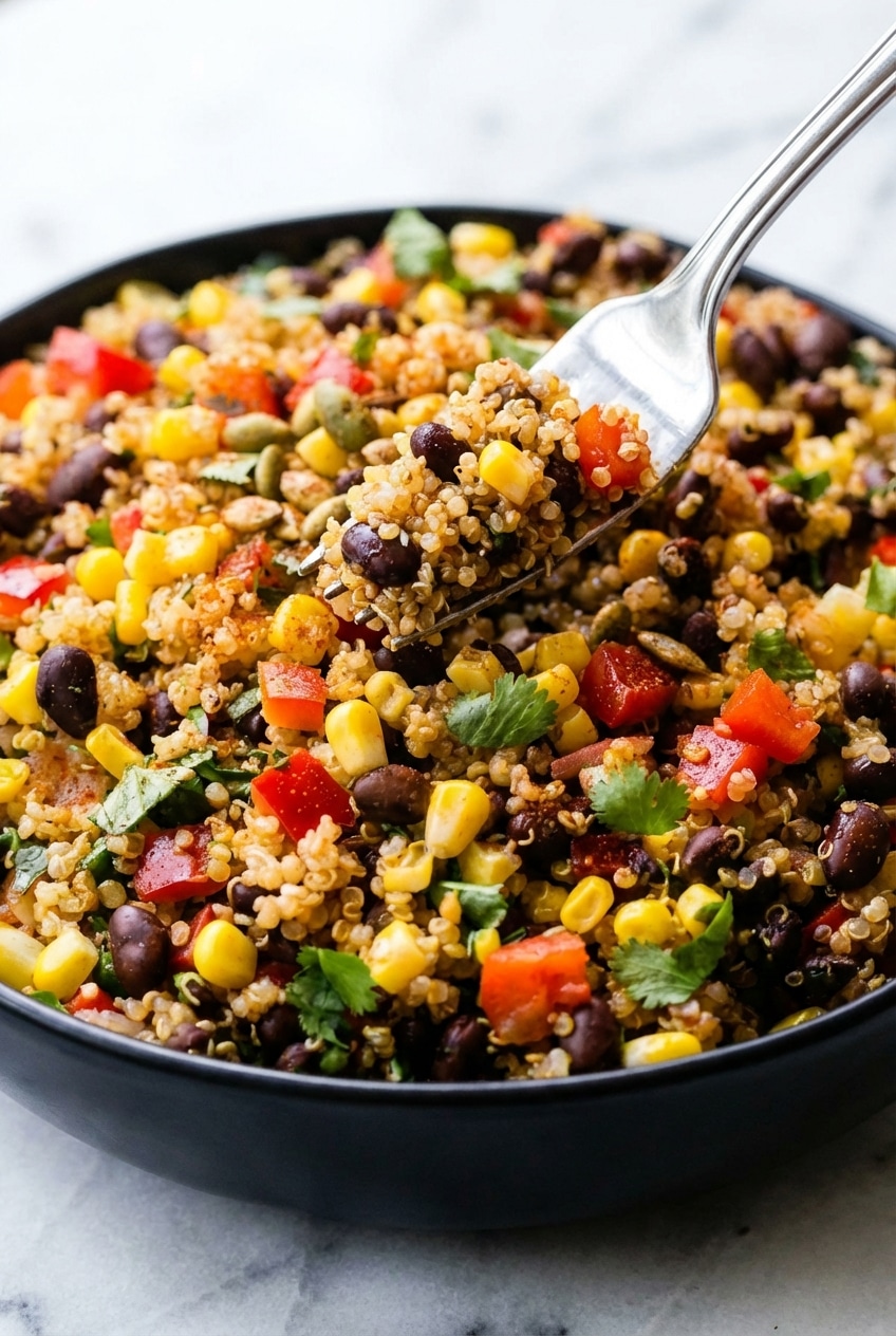 Close-up of fluffy mexican quinoa salad grains highlighting the light texture achieved after saponin removal.