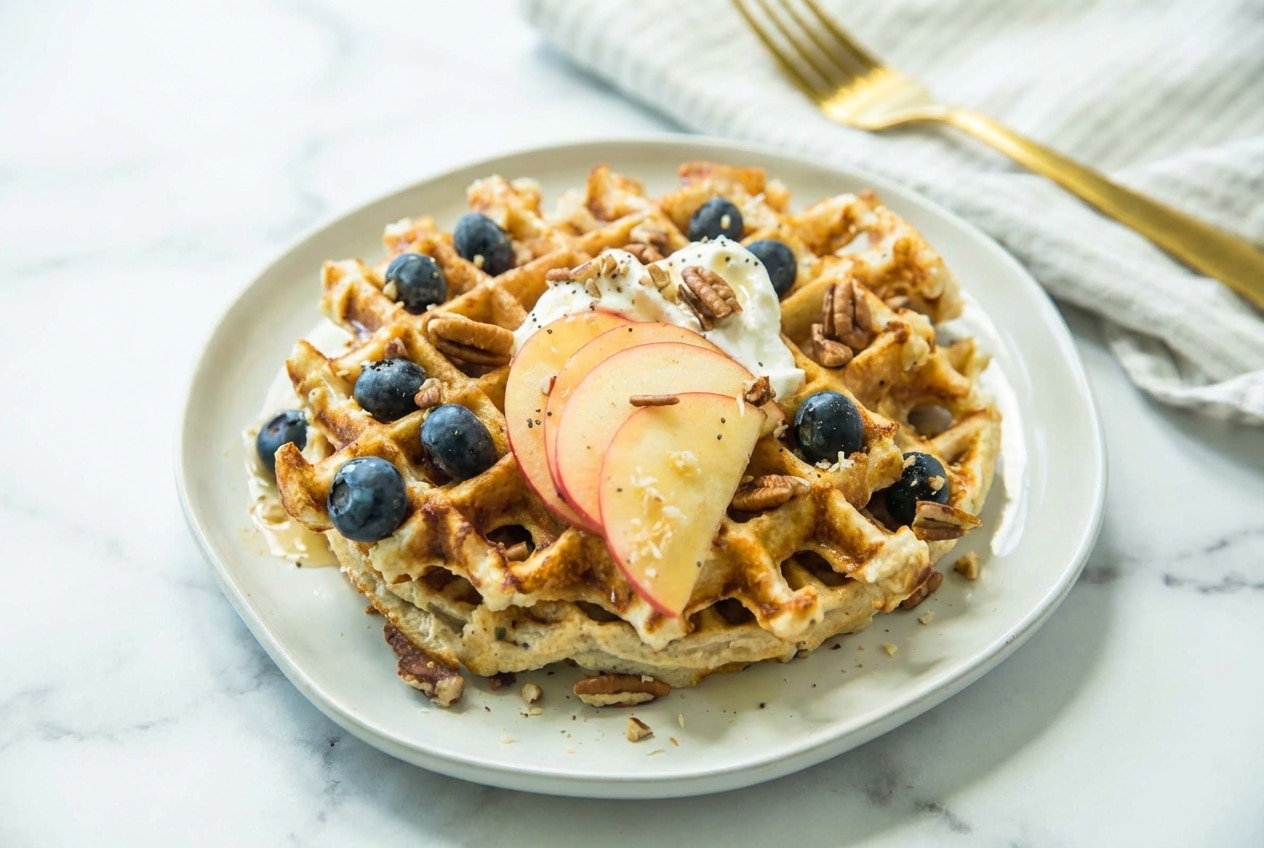 Golden protein waffles recipe featuring a pinch of sea salt and baking powder for a light, airy rise.
