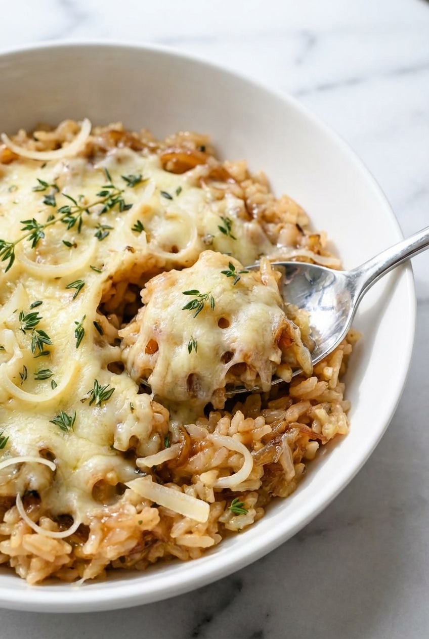 A close-up spoonful of the French onion soup rice, showing the fluffy texture of individual rice grains coated in savory sauce.
