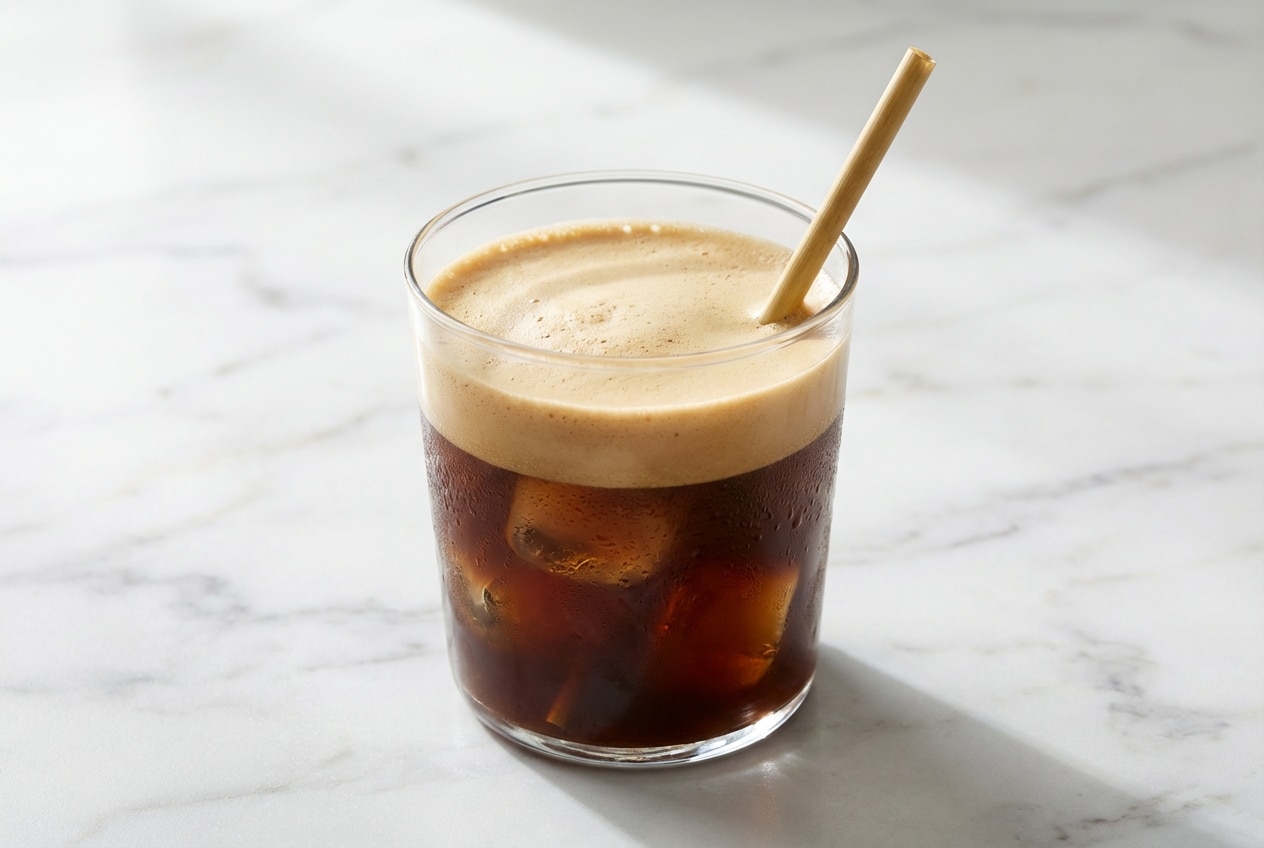 Frothy Freddo Espresso recipe showing the dense crema created by the double-chilled filtration method in a tall glass.