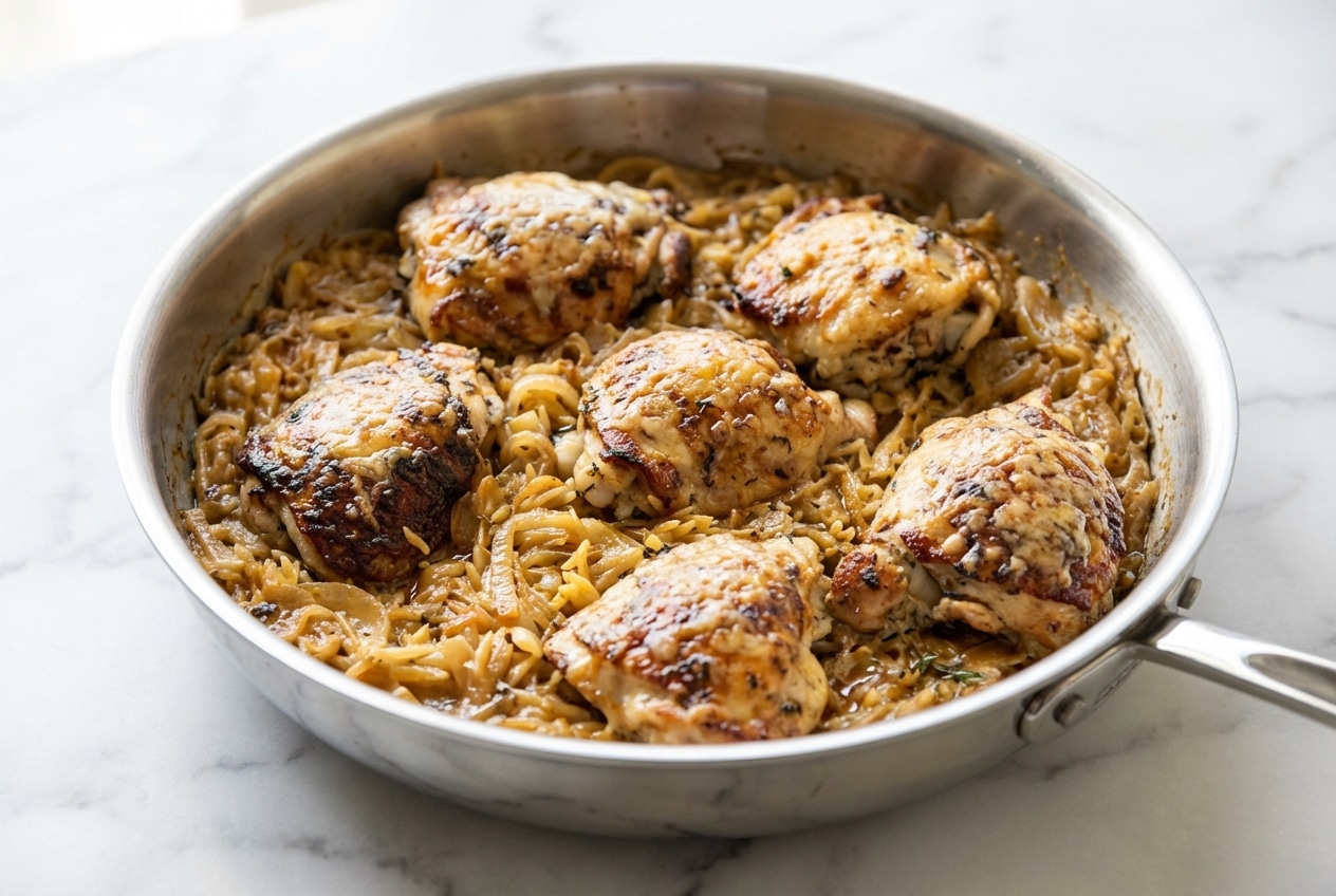 French onion chicken orzo with a bubbling Gruyère crust and rich sherry-deglazed onions in a cast iron skillet.