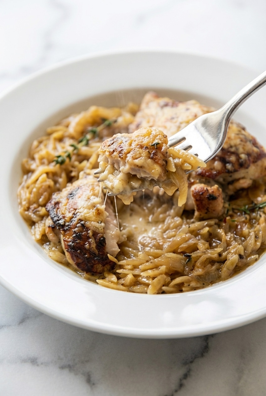 A steaming plate of French onion chicken orzo highlighting the melted Gruyère cheese and savory pasta.
