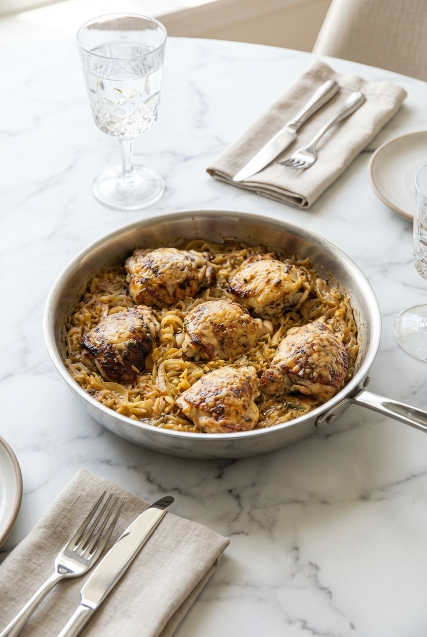 French onion chicken orzo simmering in a cast iron skillet, showcasing deep caramelization and fresh thyme sprigs.
