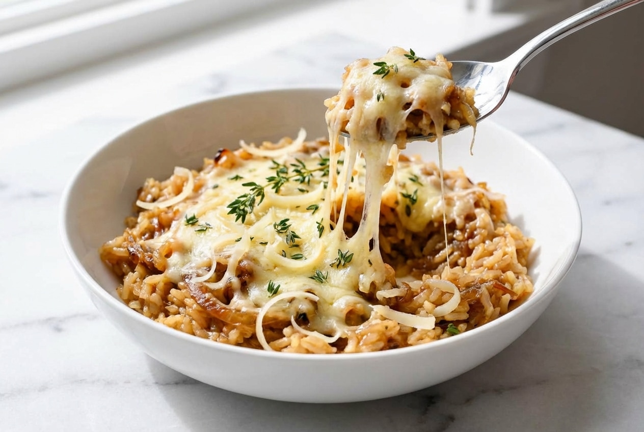 A casserole dish of French onion soup rice with a bubbly, golden-brown melted Gruyère cheese top, creating a perfect bistro finish.