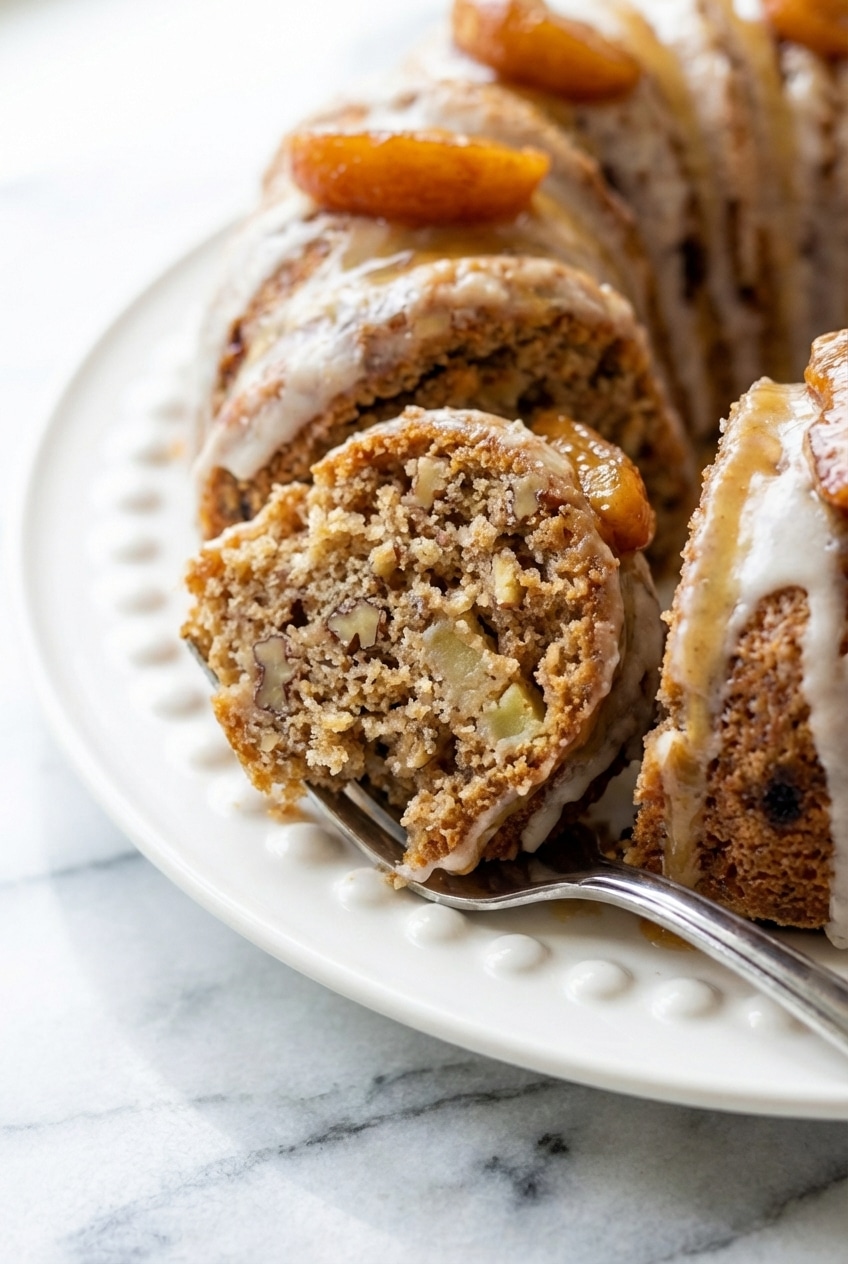 Close-up of a sliced fresh apple cake revealing a deeply moist crumb texture and tender baked apples inside.