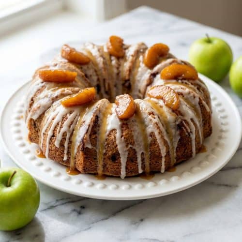 A rustic fresh apple cake made with brown butter, topped with a rich caramel glaze, sitting on a wire cooling rack.