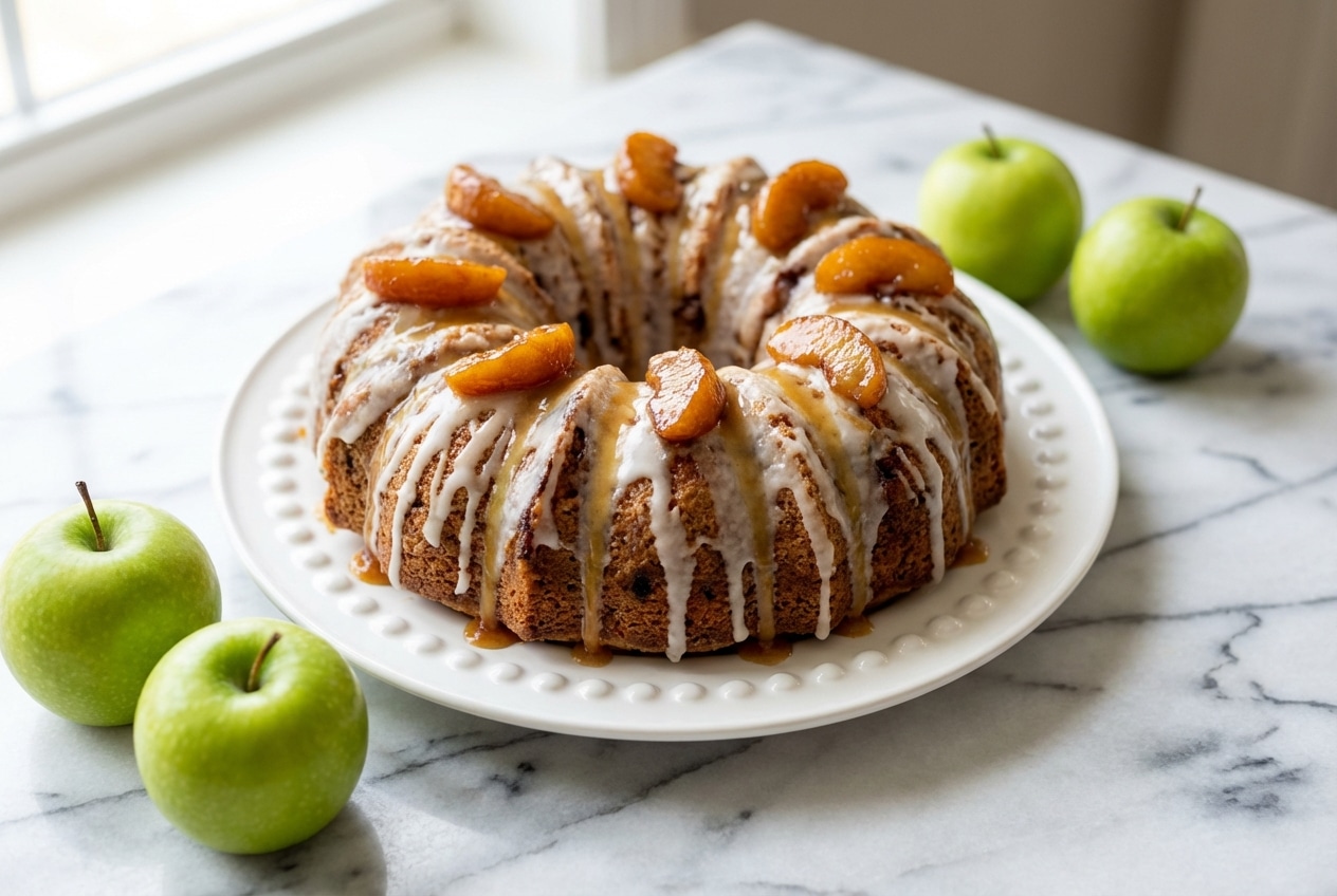 A rustic fresh apple cake made with brown butter, topped with a rich caramel glaze, sitting on a wire cooling rack.