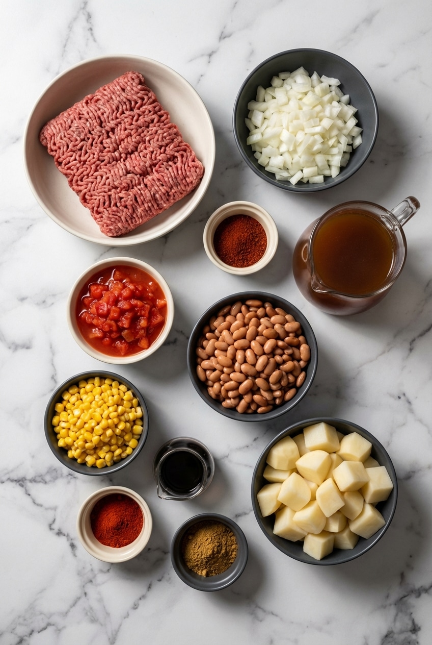 Overhead view of cowboy soup ingredients: ground beef, russet potatoes, pinto beans, and beef broth.