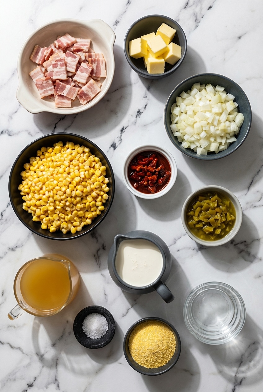 Raw ingredients for corn chowder with chilies flat lay including sweet corn cobs, hatch chiles, and rendered bacon fat.