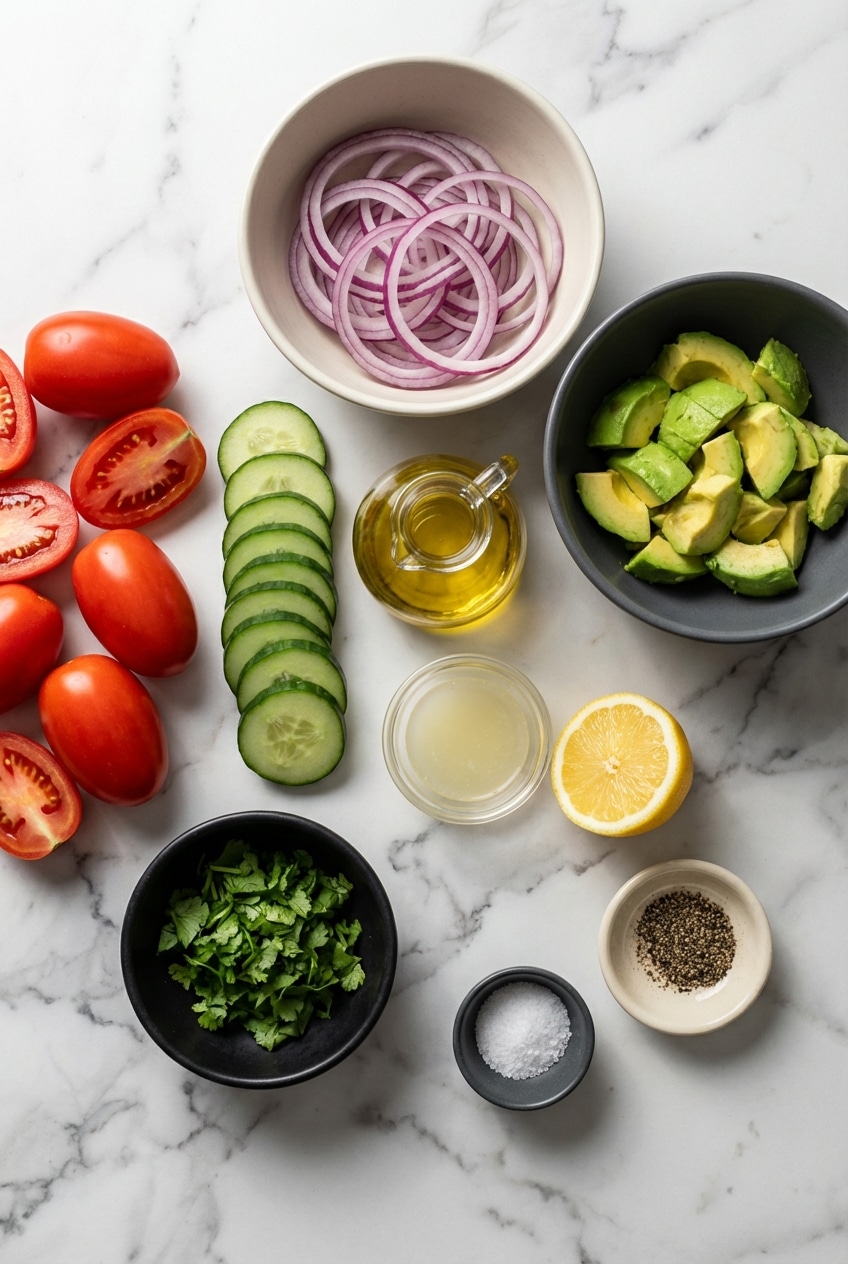 Overhead view of ingredients for Cucumber Tomato Avocado Salad including Roma tomatoes, English cucumber, and ripe Hass avocado.