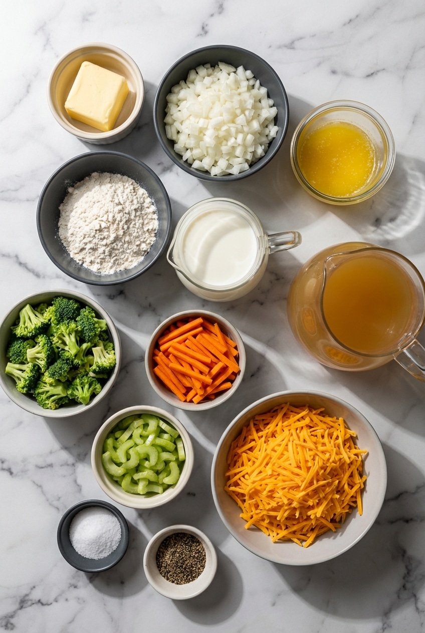 Flat lay of broccoli cheddar soup ingredients including fresh broccoli, mirepoix, and blocks of sharp cheddar.