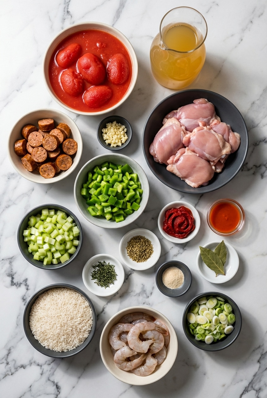 Raw ingredients for jambalaya recipe including Andouille sausage, shrimp, Holy Trinity vegetables, and Creole seasoning.