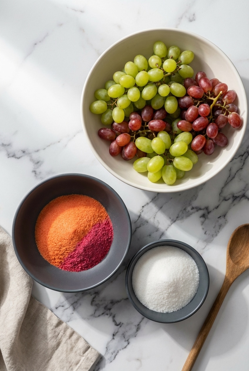 Ingredients for candied grapes recipe laid out including green seedless grapes, boxes of Jell-O powder, and citric acid.