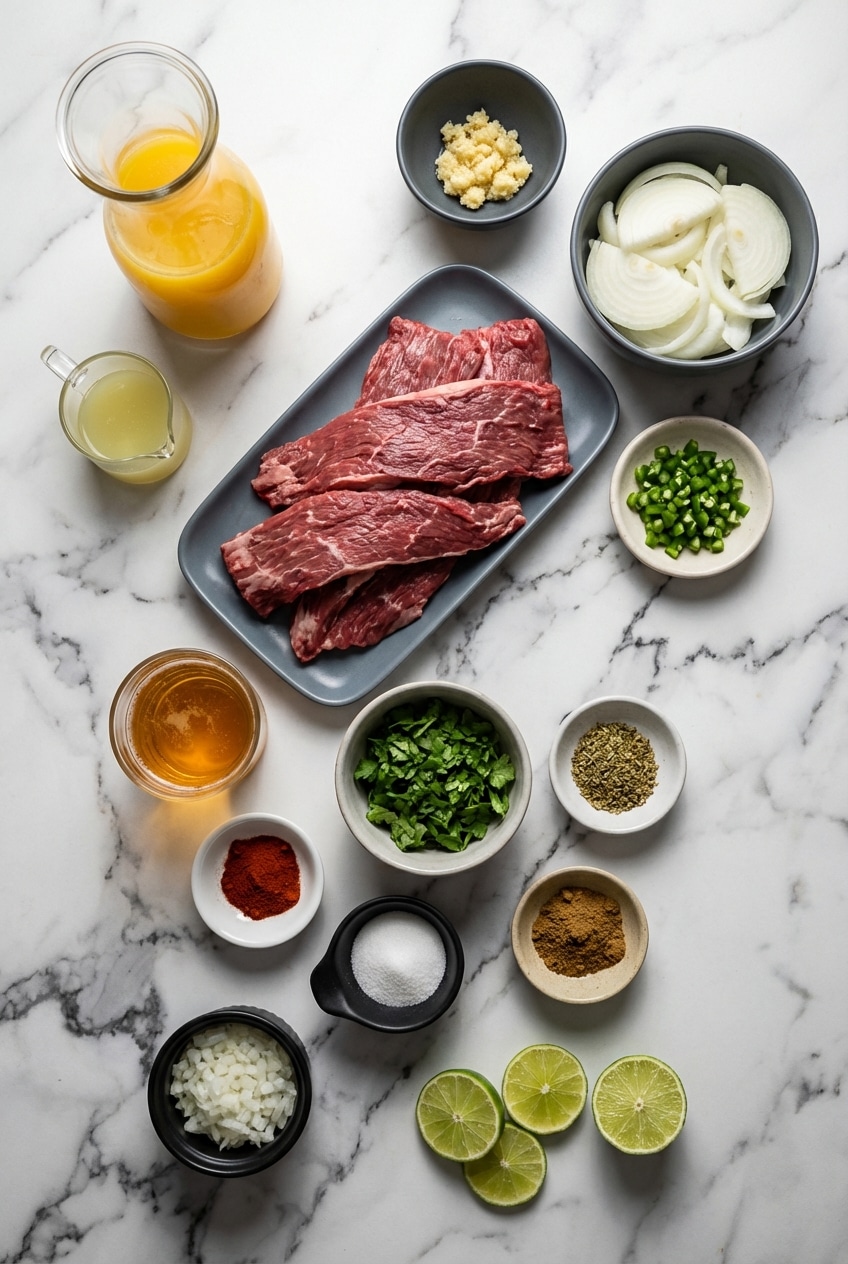 Overhead view of raw ingredients for Carne Asada Tacos including flank steak, fresh limes, Mexican beer, and a bottle of soy sauce