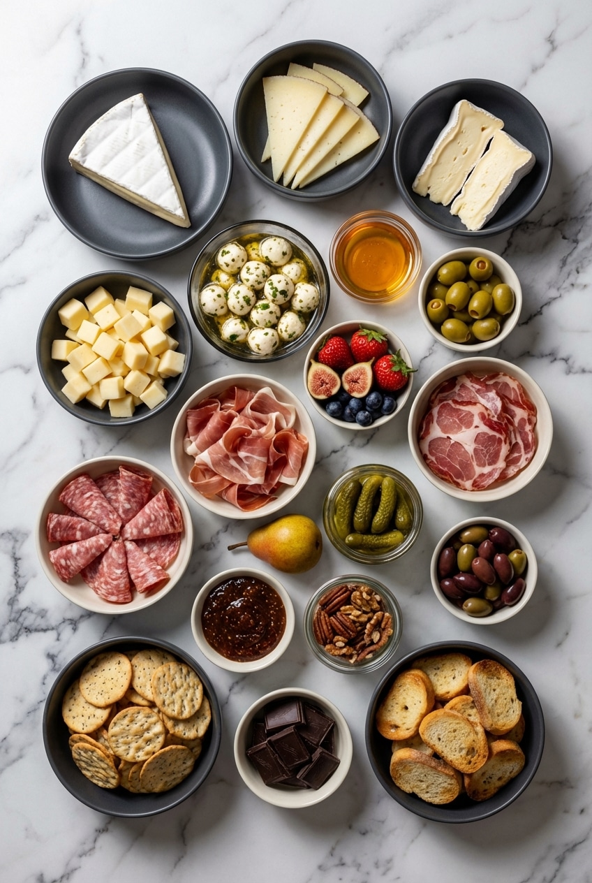 Flat lay of charcuterie board ingredients including prosciutto, manchego, brie, cornichons, and jars of hot honey.