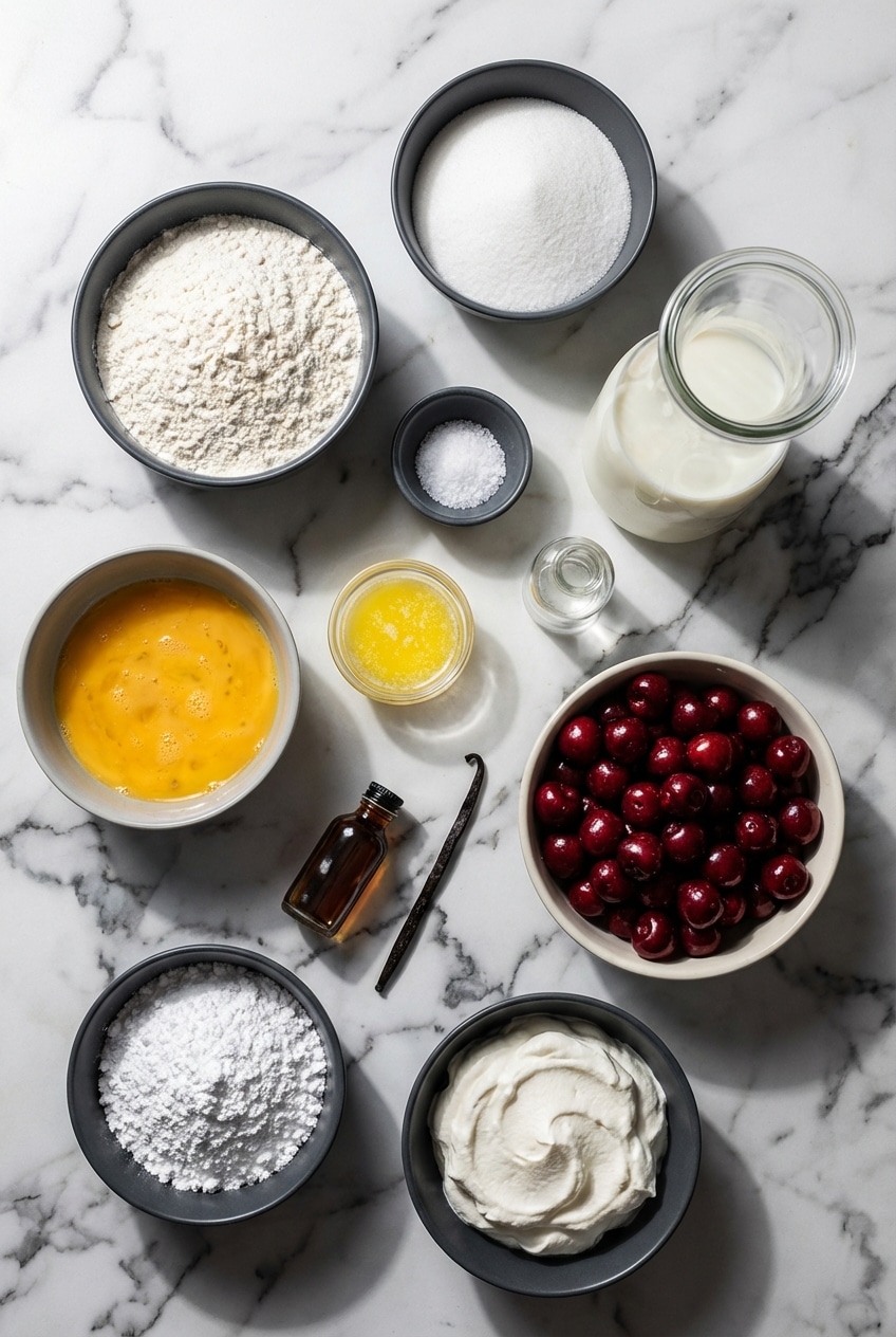 Flat lay of raw ingredients for cherry clafoutis including Bing cherries, kirschwasser, and beurre noisette.
