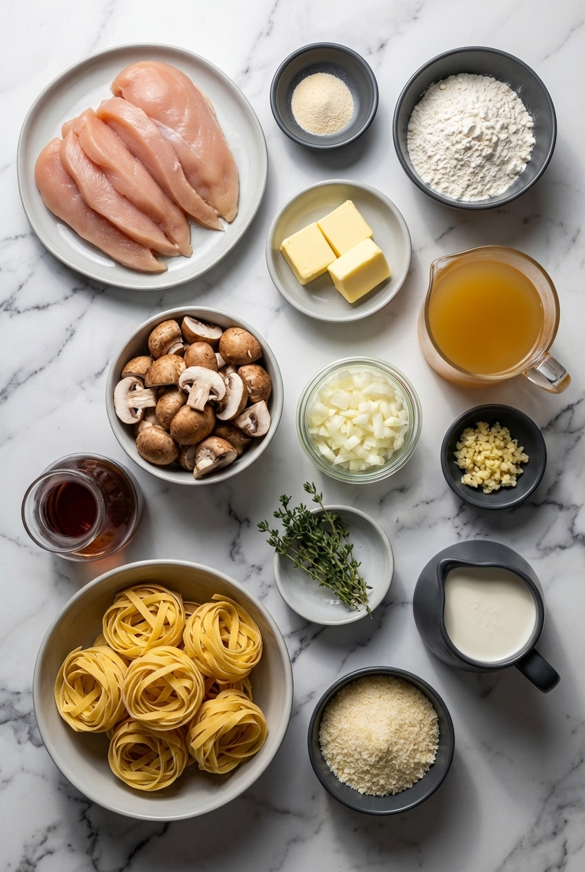 Flat lay of chicken marsala pasta ingredients including Cremini mushrooms, Marsala wine, fettuccine, and chicken cutlets.