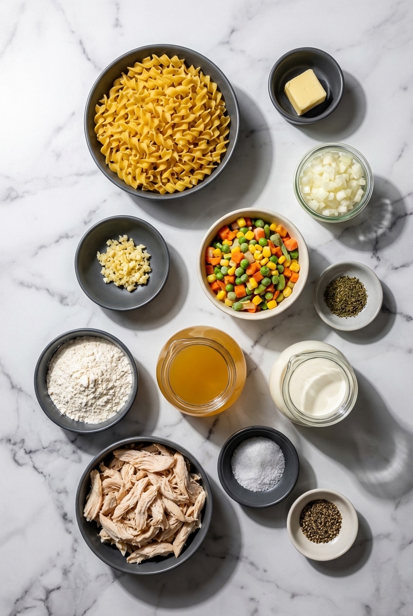 Top-down view of ingredients for a chicken pot pie pasta recipe, featuring rotisserie chicken, mirepoix, and heavy cream.