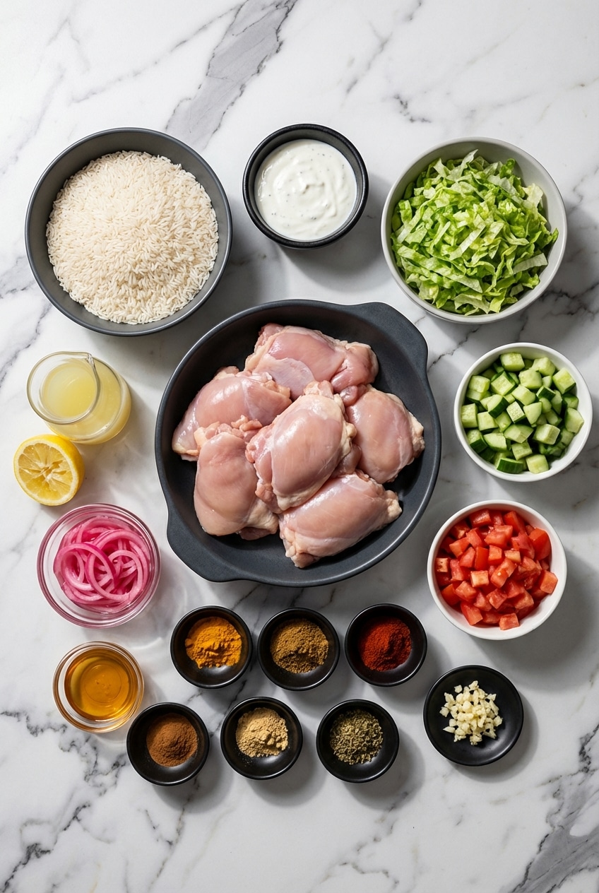 Raw chicken thighs, greek yogurt, basmati rice, cumin, and smoked paprika arranged flat lay style for a chicken shawarma bowl