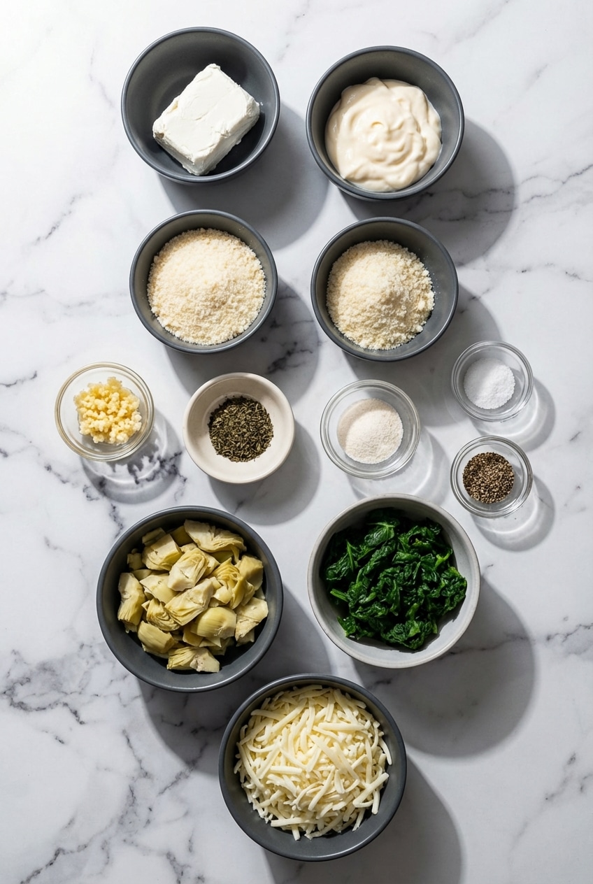 Flat lay of spinach artichoke dip ingredients including cream cheese, artichoke hearts, fresh spinach, and mozzarella.