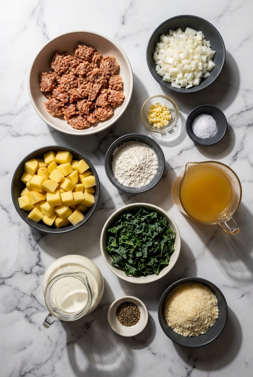 Raw ingredients for creamy zuppa toscana featuring Italian sausage, Yukon Gold potatoes, and fresh Lacinato kale.