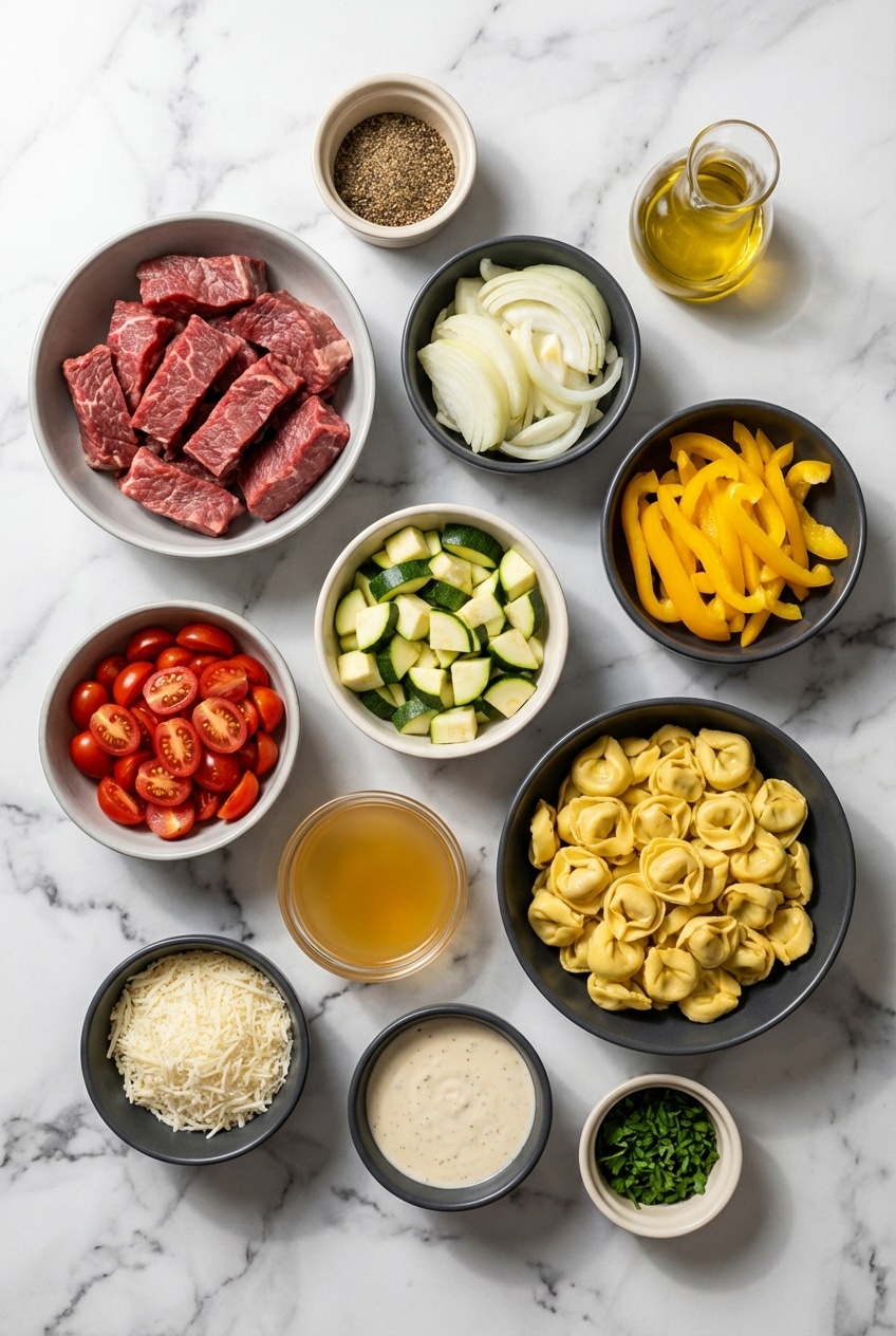 Raw ingredients for Garlic Parmesan Steak Tortellini: sirloin, cheese tortellini, heavy cream, and fresh Parmigiano-Reggiano.