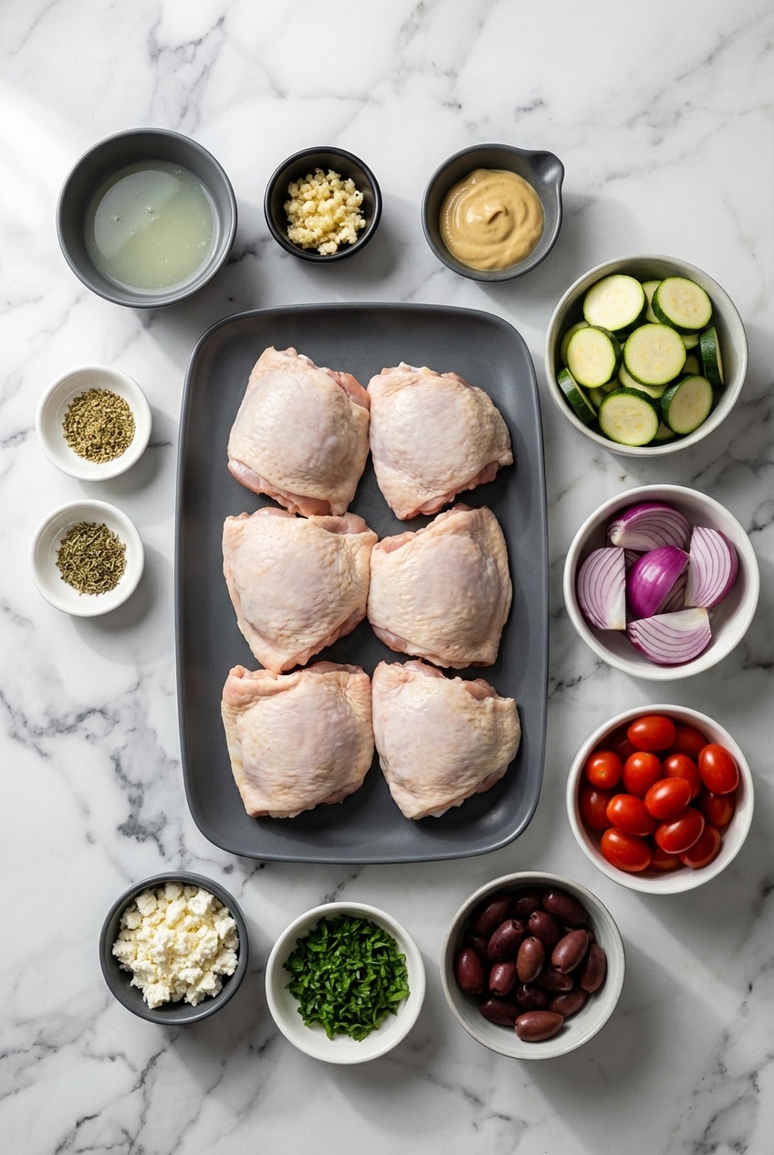 Raw ingredients for greek sheet pan chicken including bone-in chicken thighs, feta cheese blocks, kalamata olives, and fresh oregano arranged on a surface.