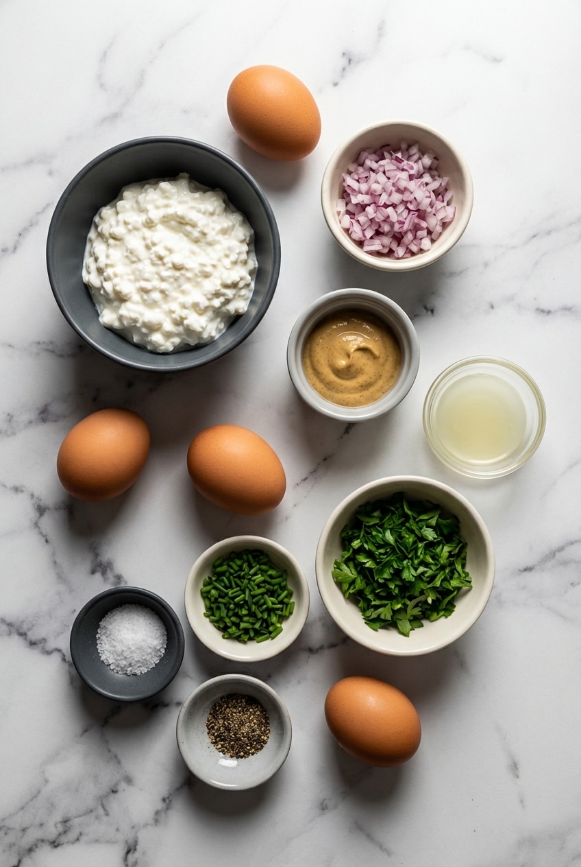 Ingredients for cottage cheese egg salad laid out, including hard-boiled eggs, cottage cheese, Dijon mustard, and chives.