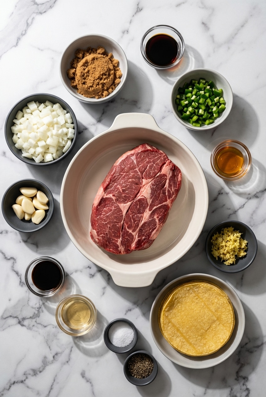 Flat lay of raw chuck roast, gochujang, toasted sesame oil, and asian pear for korean beef tacos.